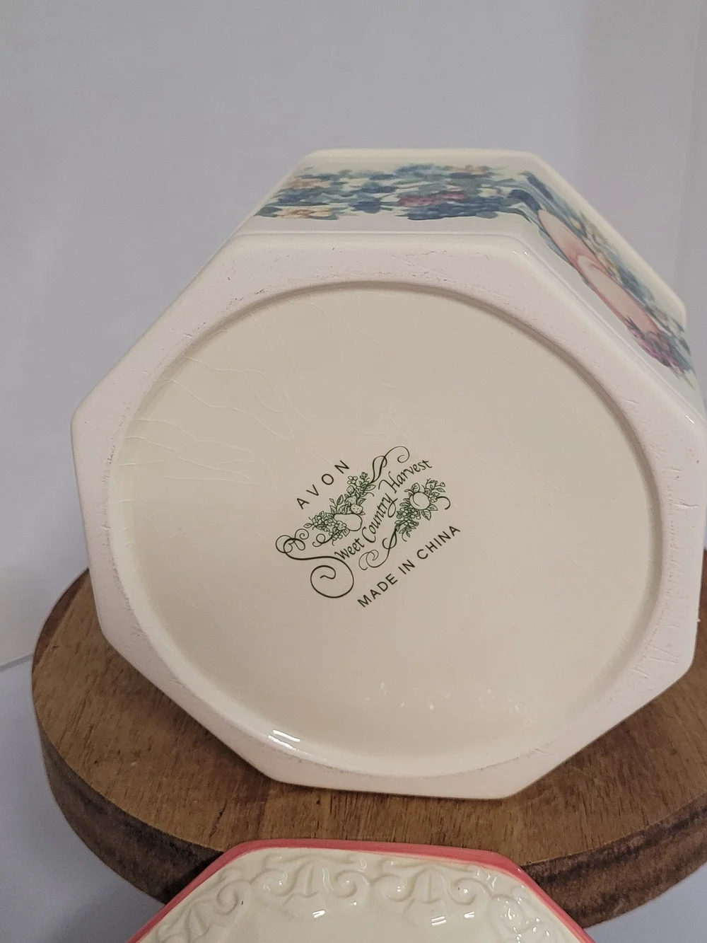 Octagonal Vintage Avon Fruit Motif Ceramic Canister with Pear Lid Accent